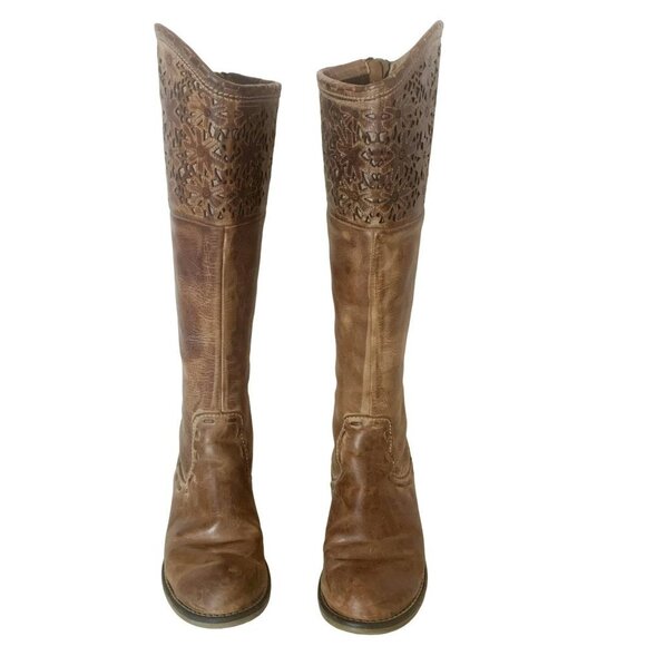 Corral Charlotte Brown Distressed Leather Daisy Laser Cut Tall Equestrian Boots - Picture 2 of 11